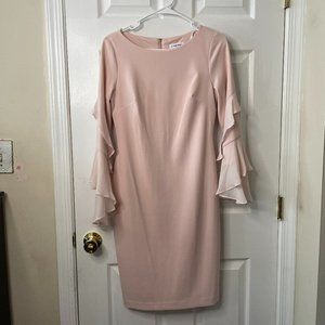 Calvin Klein Ruffled Chiffon Sleeve Sheath Petal Pink Dress